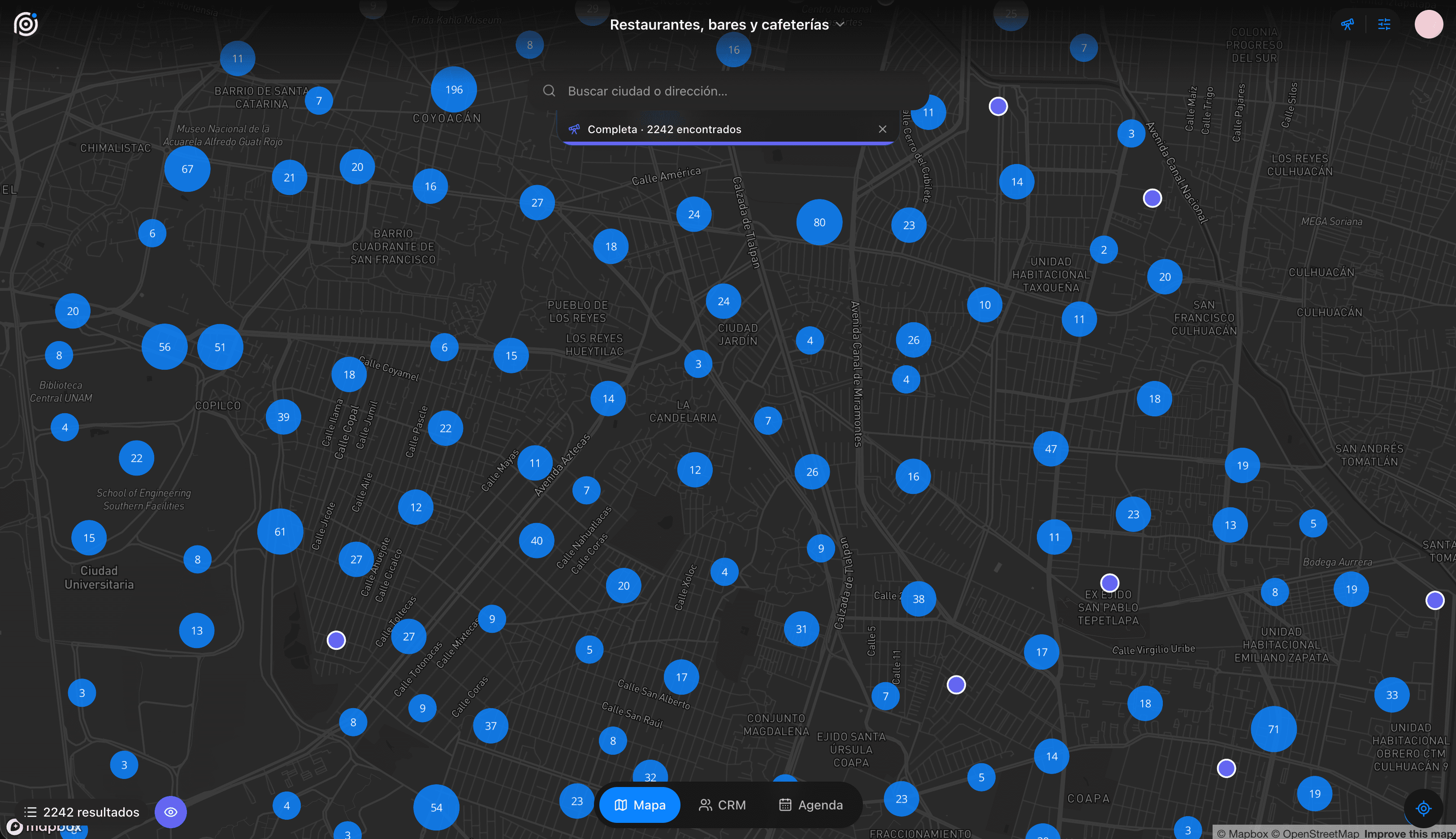 Panel de Prospectool mostrando negocios encontrados en el mapa y su embudo de ventas
